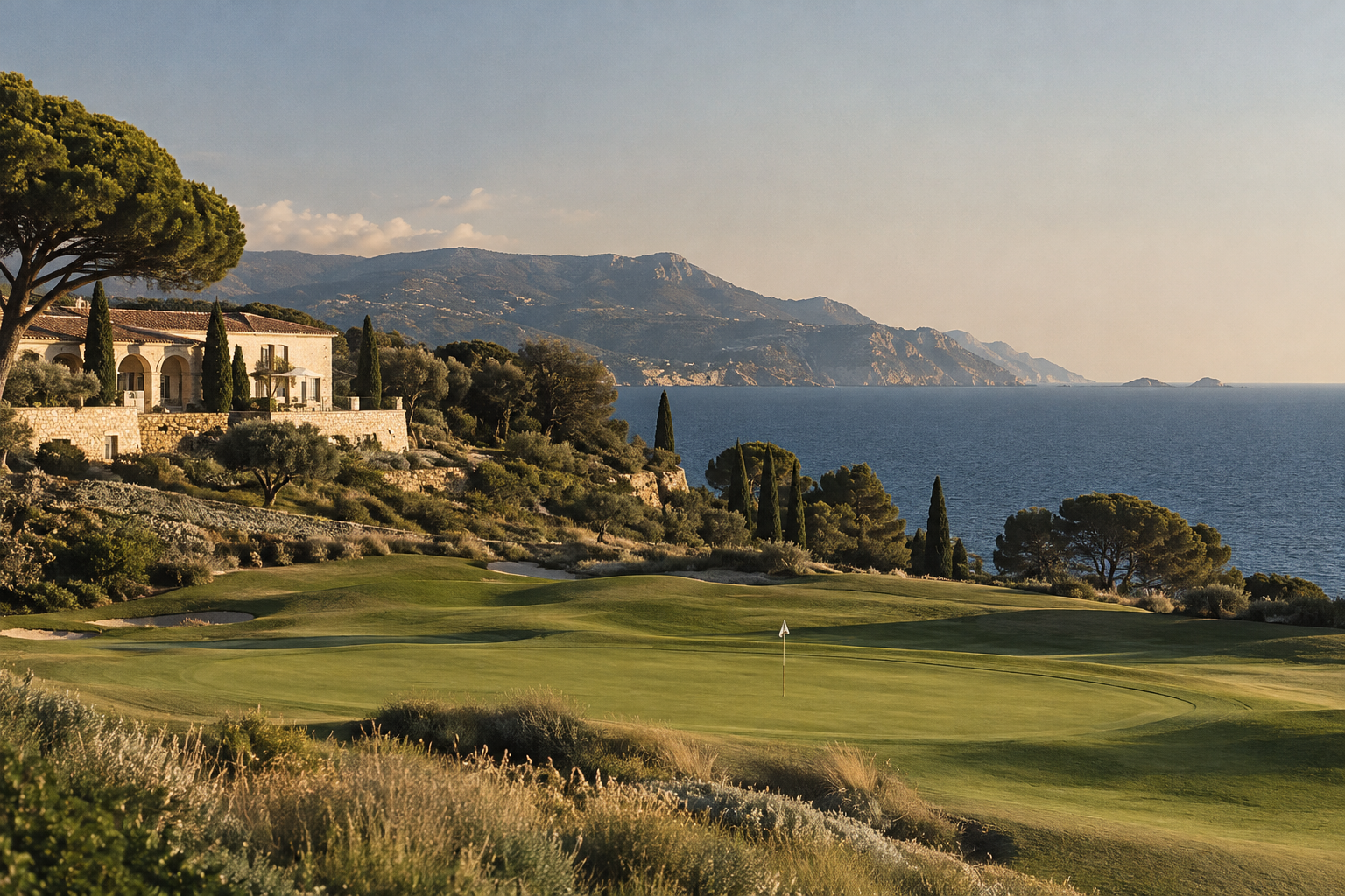 A Mediterranean coastal golf course in warm afternoon light